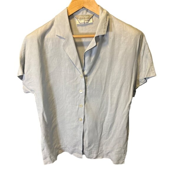 Max Mara Light Blue Linen Short Sleeve Button Front Collared Blouse Top Sz 8 - Picture 1 of 7